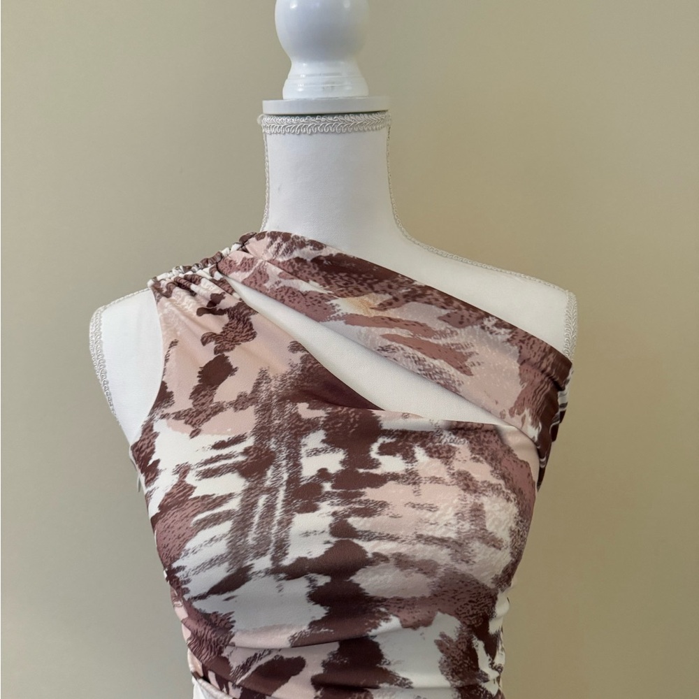 One-Shoulder Brown & Cream Print Dress